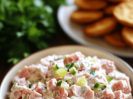 Deviled Ham Salad A brown bowl filled with deviled ham salad, featuring diced ham, mayonnaise, and chopped green onions. Round crackers are visible in the blurred background.