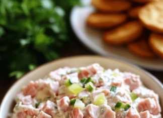 Deviled Ham Salad A brown bowl filled with deviled ham salad, featuring diced ham, mayonnaise, and chopped green onions. Round crackers are visible in the blurred background.