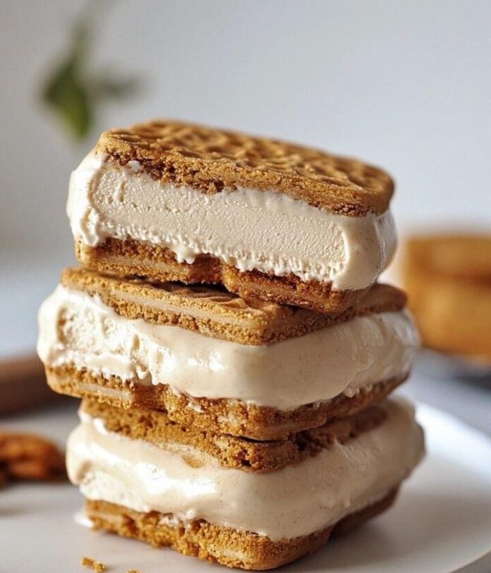 A stack of three Biscoff Ice Cream Sandwiches on a white plate. Each sandwich consists of two square Biscoff cookies with a creamy filling in between. A blurry background shows a light surface and a wooden object.