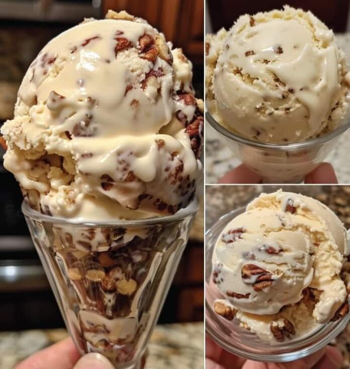 Three images of Vegan Butter Pecan Ice Cream. The main image shows a close-up of two scoops in a glass sundae dish, with visible pecans. The two smaller images show single scoops in clear glass bowls, also with visible pecans.