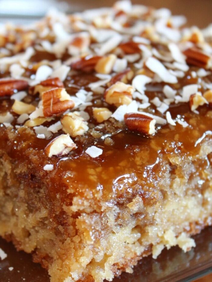 A close-up shot of a slice of Lazy Day Oatmeal Cake, topped with a caramel glaze, chopped pecans, and shredded coconut.