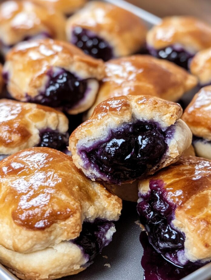 Close-up of several small, golden-brown blueberry pie bombs on a baking sheet. The pie bombs are filled with a dark purple blueberry filling that is bursting out of the sides.