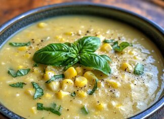 Creamy Sweet Corn and Basil Soup A close-up shot of a dark gray bowl filled with creamy yellow soup. The soup contains visible pieces of corn and is garnished with fresh basil leaves and black pepper.