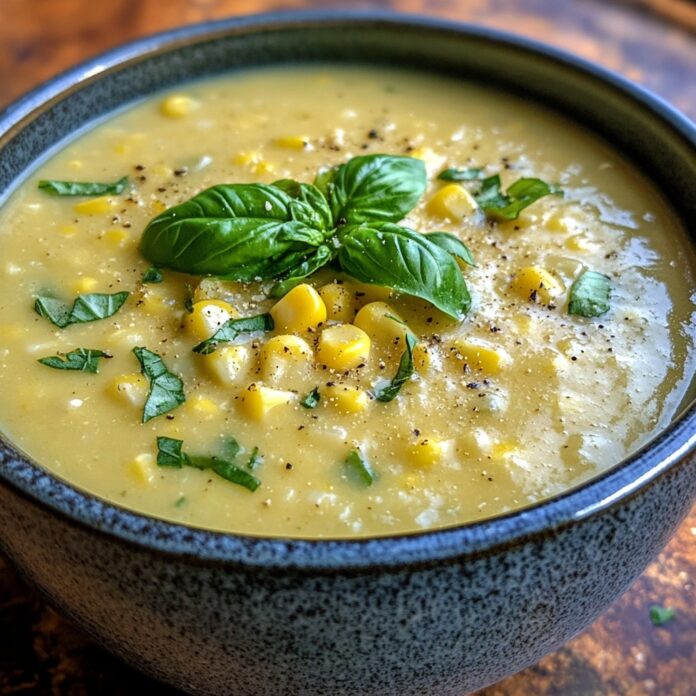 A close-up shot of a dark gray bowl filled with creamy yellow soup. The soup contains visible pieces of corn and is garnished with fresh basil leaves and black pepper.