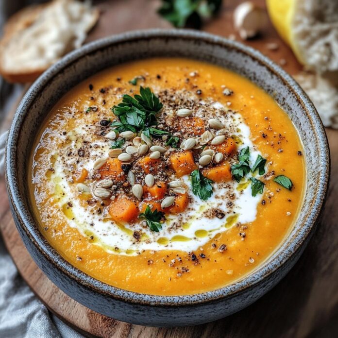 A bowl of creamy carrot and coriander soup, garnished with coriander leaves and a swirl of cream.