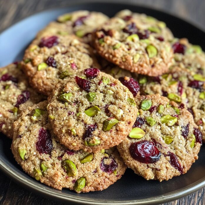 A plate of freshly baked Pistachio Cranberry Cookies with golden edges, crunchy pistachios, and sweet dried cranberries.