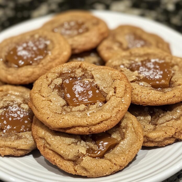 A close-up shot of a white plate filled with golden brown cookies. Each cookie has a dollop of caramel in the center, sprinkled with coarse salt.