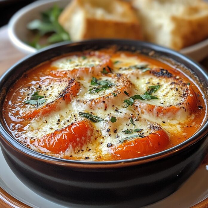 A dark brown bowl filled with creamy roasted tomato soup, topped with melted mozzarella cheese, toasted bread slices, and chopped parsley. Sliced bread is visible in a blurred bowl in the background.