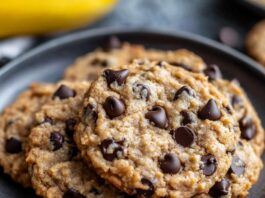 Banana Chocolate Chip Cookies Close-up of four banana chocolate chip cookies stacked on a dark gray plate. The cookies are golden brown with visible chocolate chips and a slightly textured surface. A blurred yellow object (likely a banana) is visible in the upper left corner.