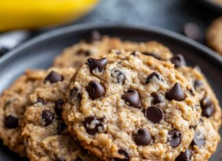 Close-up of four banana chocolate chip cookies stacked on a dark gray plate. The cookies are golden brown with visible chocolate chips and a slightly textured surface. A blurred yellow object (likely a banana) is visible in the upper left corner.
