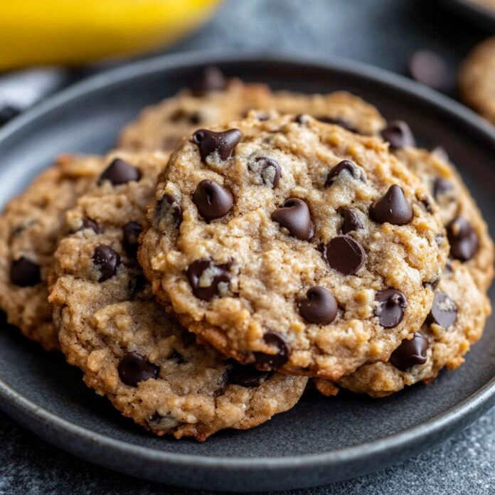 Close-up of four banana chocolate chip cookies stacked on a dark gray plate. The cookies are golden brown with visible chocolate chips and a slightly textured surface. A blurred yellow object (likely a banana) is visible in the upper left corner.