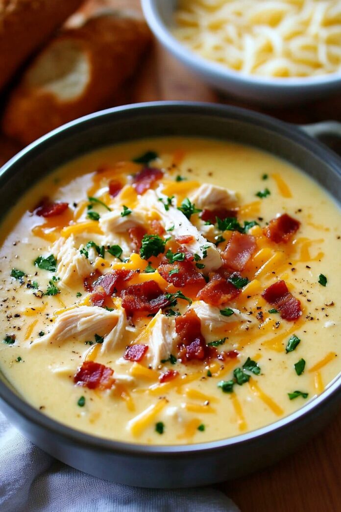 A close-up shot of a dark gray bowl filled with creamy yellow soup. The soup is topped with shredded chicken, crumbled bacon, shredded cheese, and chopped parsley. In the background, there is a bowl of shredded cheese and a blurred object that looks like bread.