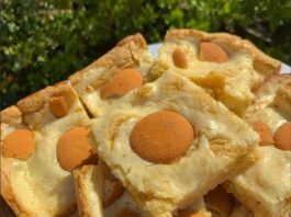 Banana Pudding Brownies A close-up, overhead shot of several Banana Pudding Brownies cut into squares and stacked on a white plate. Each brownie has a light-colored batter with a circular vanilla wafer cookie pressed into the top. Green foliage is visible in the blurred background.
