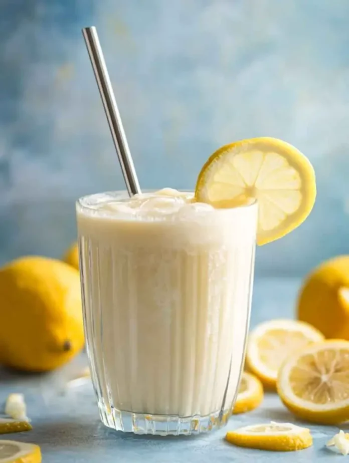 A clear glass filled with a Chick Fil A Copycat Frosted Lemonade. The drink is a creamy, light yellow color and topped with a slice of lemon. A silver metal straw is inserted into the drink. Several whole and sliced lemons are scattered around the glass on a light blue surface.