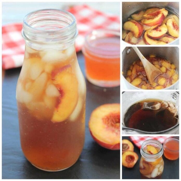 A collage of five images showing the process of making Easy Peach Tea. The main image shows a glass bottle filled with iced peach tea and sliced peaches. The four smaller images show: peaches being cooked in a pot, the cooked peaches being stirred, tea bags steeping in hot water, and a jar of finished peach tea with sliced peaches. A halved peach and a red and white checkered cloth are also visible in the collage.