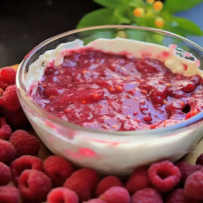 A clear glass bowl filled with raspberry dip, consisting of a white creamy layer topped with a red raspberry layer. Fresh raspberries are scattered around the base of the bowl. Green leaves are visible in the blurred background.