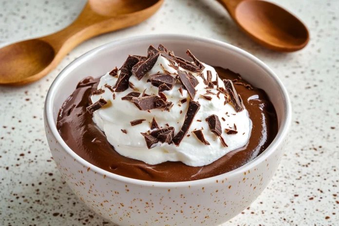 A white bowl filled with chocolate pudding, topped with whipped cream and chocolate shavings. Two wooden spoons are visible in the blurred background.