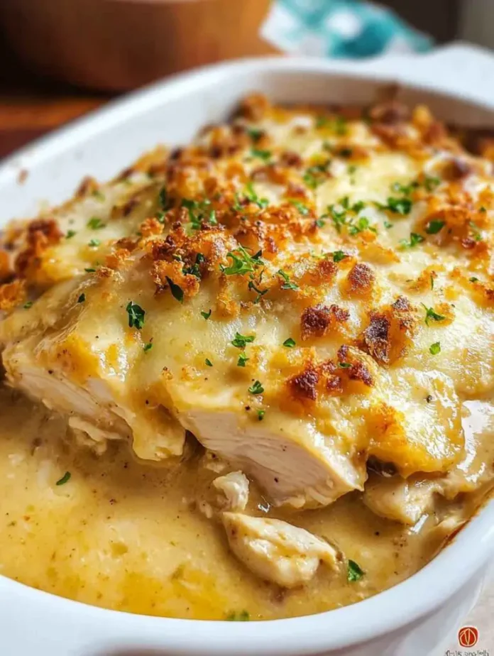 A close-up, angled shot of Swiss Chicken Casserole in a white rectangular baking dish. The casserole features cooked chicken breasts topped with melted cheese, a creamy sauce, and breadcrumb topping. Chopped parsley is sprinkled over the top. A wooden bowl and a teal and white patterned cloth are partially visible in the blurred background.