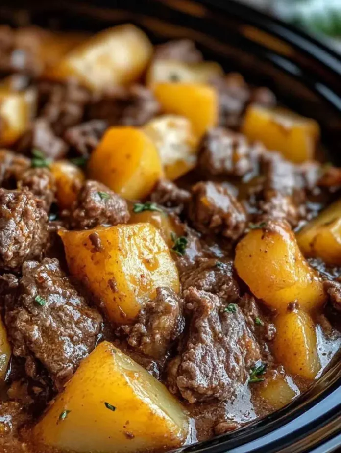 A close-up, angled shot of Old-Fashioned Amish Beef and Potato Casserole inside a dark slow cooker. The casserole features chunks of browned beef and golden yellow potatoes coated in a thick, dark brown sauce. A few flecks of green herbs are visible.