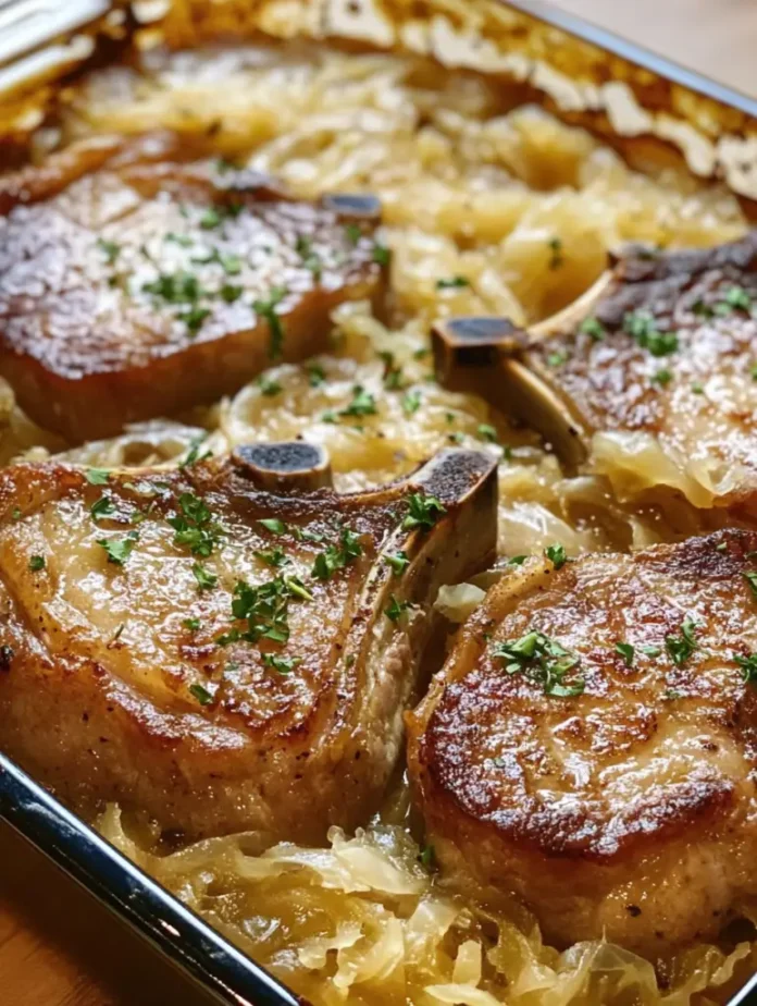 A close-up, slightly angled shot of Pork Chop and Sauerkraut Casserole in a silver baking dish. The casserole features four bone-in pork chops with a golden-brown sear, nestled in a bed of cooked sauerkraut. Chopped parsley is sprinkled over the top. The baking dish rests on a wooden surface.