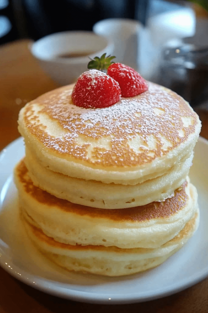 A white plate stacked with three soft and fluffy pancakes, topped with two strawberries and dusted with powdered sugar. In the blurred background, a white cup and a glass container are visible.