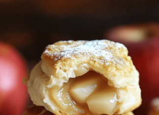 A close-up shot of a stack of three apple pie biscuits on a white plate. The top biscuit is split open, revealing a filling of cooked apples. A red apple and a folded cloth are visible in the blurred background.