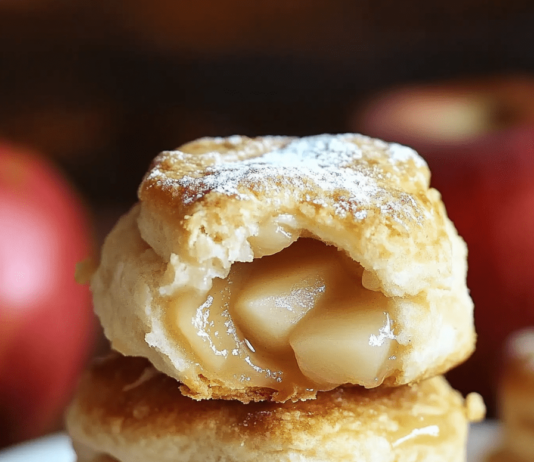 Apple Pie Biscuits A close-up shot of a stack of three apple pie biscuits on a white plate. The top biscuit is split open, revealing a filling of cooked apples. A red apple and a folded cloth are visible in the blurred background.