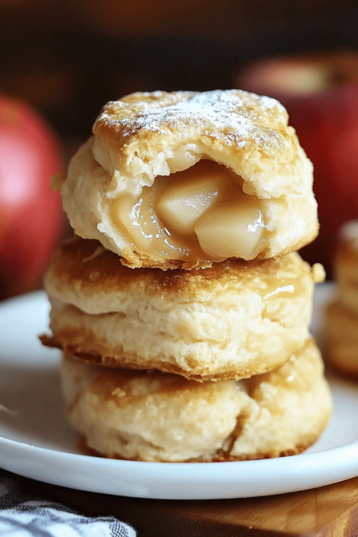 A close-up shot of a stack of three apple pie biscuits on a white plate. The top biscuit is split open, revealing a filling of cooked apples. A red apple and a folded cloth are visible in the blurred background.