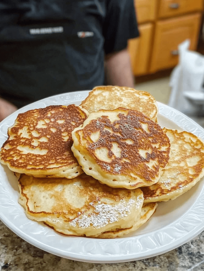 A white plate filled with a stack of golden-brown pancakes, some dusted with powdered sugar. A person's torso is visible in the blurred background.