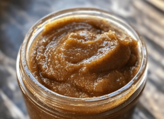 A close-up shot of a clear glass jar filled with homemade apple butter, revealing its thick, smooth texture and rich brown color.