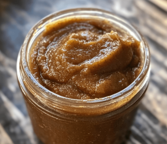 Apple Butter A close-up shot of a clear glass jar filled with homemade apple butter, revealing its thick, smooth texture and rich brown color.