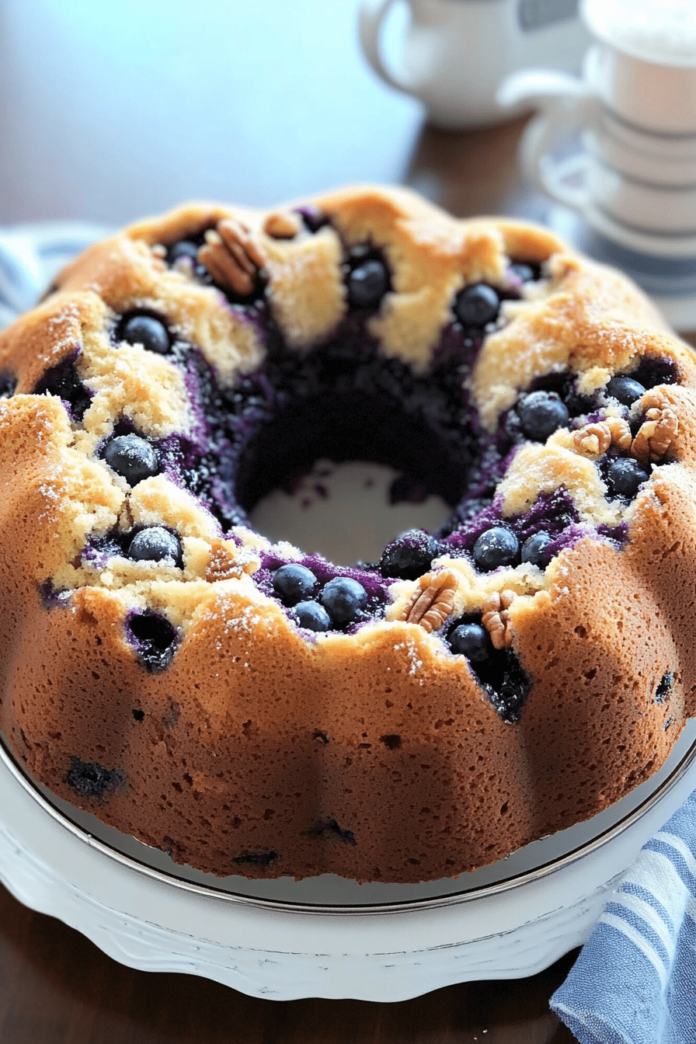 A golden-brown Blueberry Sour Cream Coffee Cake in a ring shape, topped with blueberries, pecans, and powdered sugar. A white plate and a blue and white striped cloth are visible underneath the cake. In the blurred background, a white cup and a white teapot are visible.