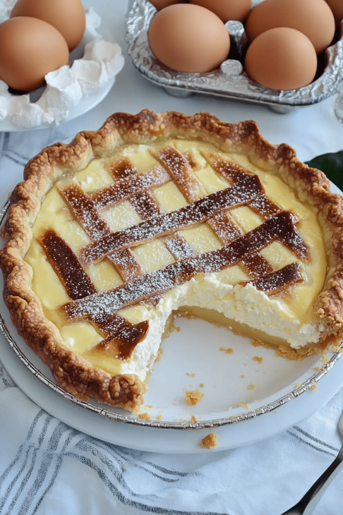 A partially sliced ricotta pie on a white plate. The pie has a golden brown crust, a creamy white filling, and a lattice design on top with powdered sugar. A carton of eggs is visible in the upper left corner.